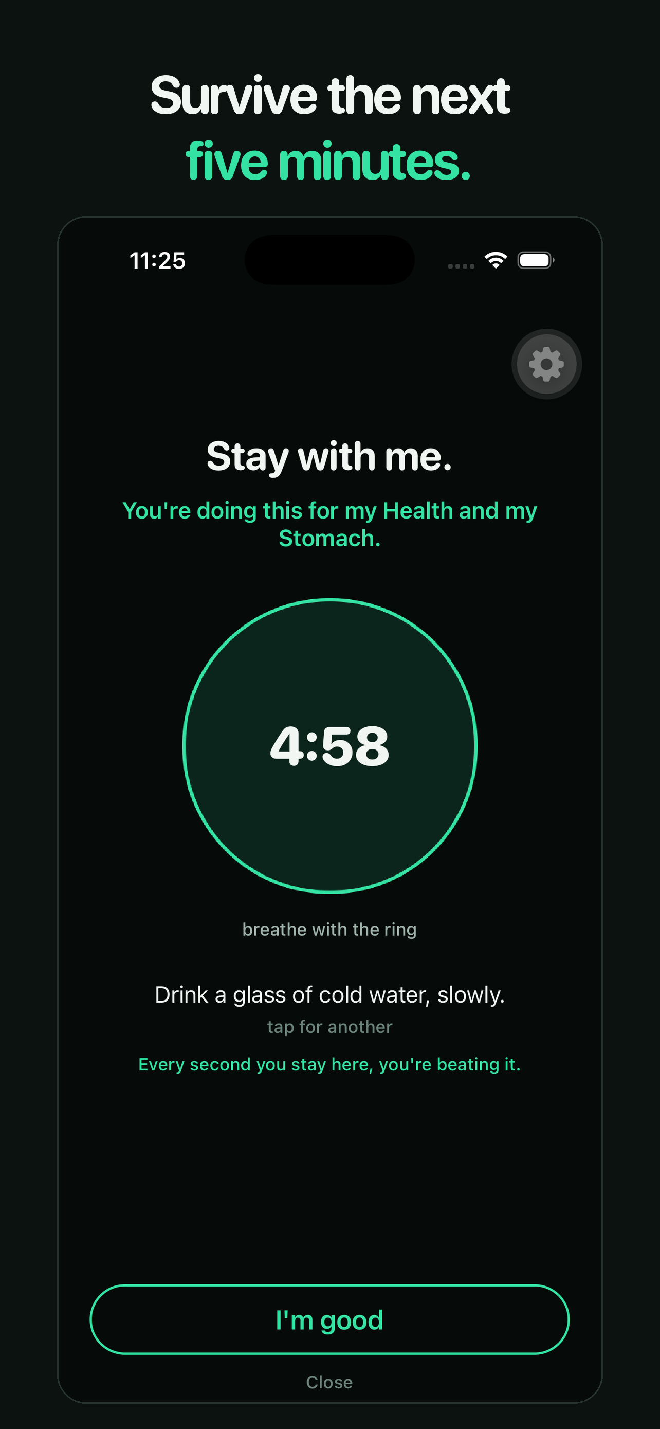 Rescue — a full-screen 5-minute craving takeover with a breathing ring and your own quit reason