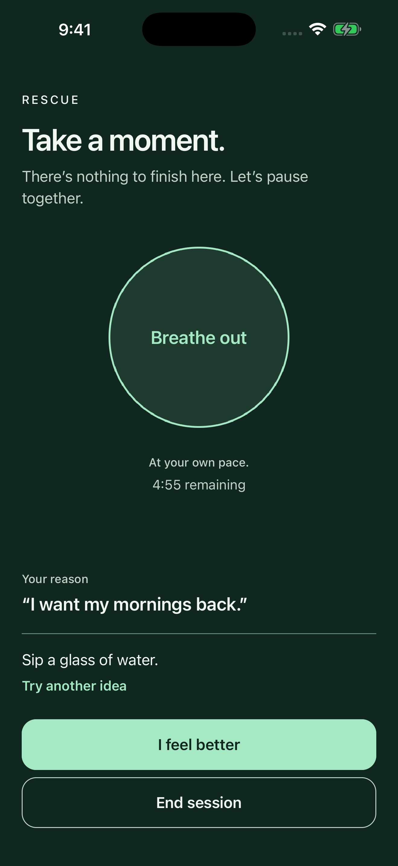 LastLip Rescue screen with breathing guidance, a personal reason, and one practical suggestion.